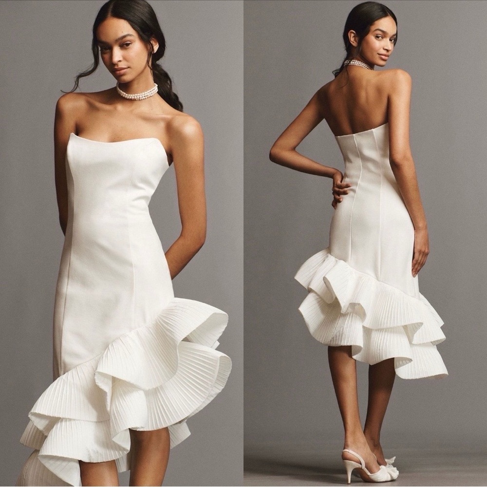 BHLDN Anthropologie Bridal Flamenco-Hem Asymmetrical Midi Dress White Sz S